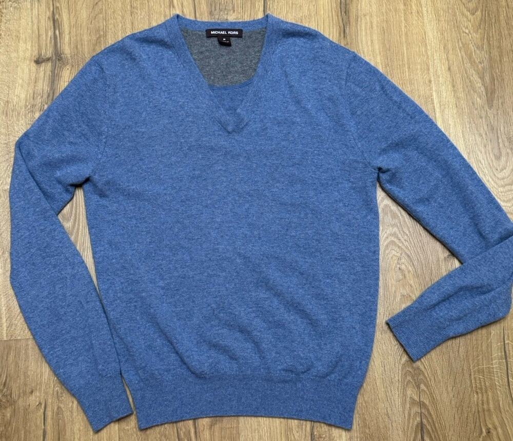 Michael Kors Sweater Mens Medium Blue 100% Cashmere V Neck Pull-Over Casual